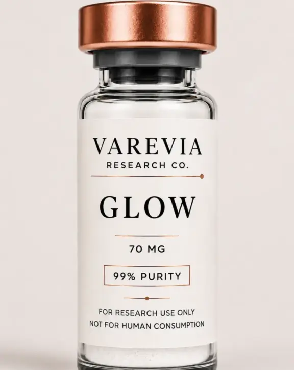Technical Specification: Glow Blend (70mg), a multi-peptide formulation combining GHK-Cu (50mg), BPC-157 (10mg), and TB-500 (10mg), supplied as a lyophilized powder for in vitro and animal model research focusing on extracellular matrix remodeling, cellular migration, and tissue repair pathways.