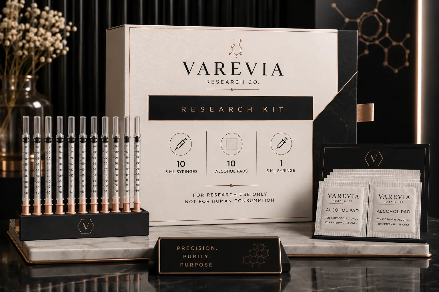 Technical Specification: A comprehensive 21-piece sterile laboratory supply kit designed for the precise measurement, transfer, and reconstitution of lyophilized research compounds in controlled experimental environments.