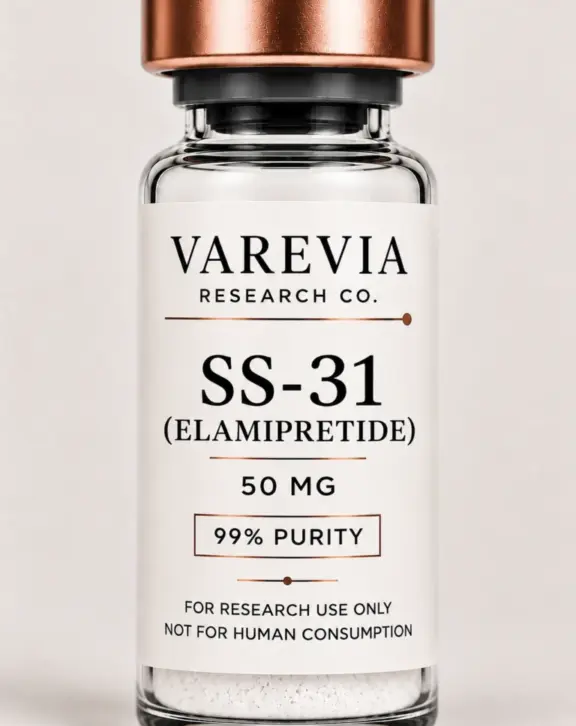 Technical Specification: SS-31 (Elamipretide), a mitochondria-targeted synthetic tetrapeptide, supplied as a lyophilized powder for in vitro and animal model research focusing on inner mitochondrial membrane stability, cardiolipin interaction, and oxidative stress reduction.
