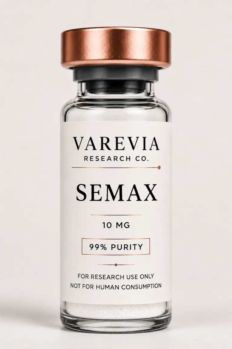 Technical Specification: Semax, a synthetic heptapeptide analog derived from a fragment of adrenocorticotropic hormone (ACTH), supplied as a lyophilized powder for in vitro and animal model research focusing on neurobiology, neurotrophic factor expression, and neuromodulatory pathways.