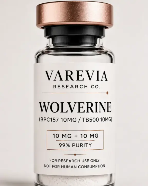 Technical Specification: Wolverine Blend, a synergistic dual-peptide formulation combining BPC-157 (Body Protection Compound-157) and TB-500 (Thymosin Beta-4 fragment), supplied as a lyophilized powder for in vitro and animal model research focusing on soft-tissue remodeling, actin dynamics, and angiogenic cellular pathways.