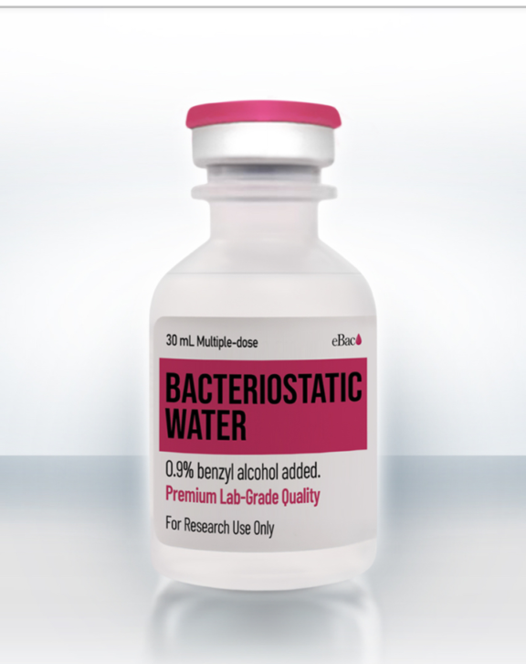 Technical Specification: Bacteriostatic Water, a sterile aqueous solution containing 0.9% benzyl alcohol, supplied as a larger 30ml laboratory diluent for high-throughput research workflows, multi-vial sample preparation, and the reconstitution of lyophilized materials.