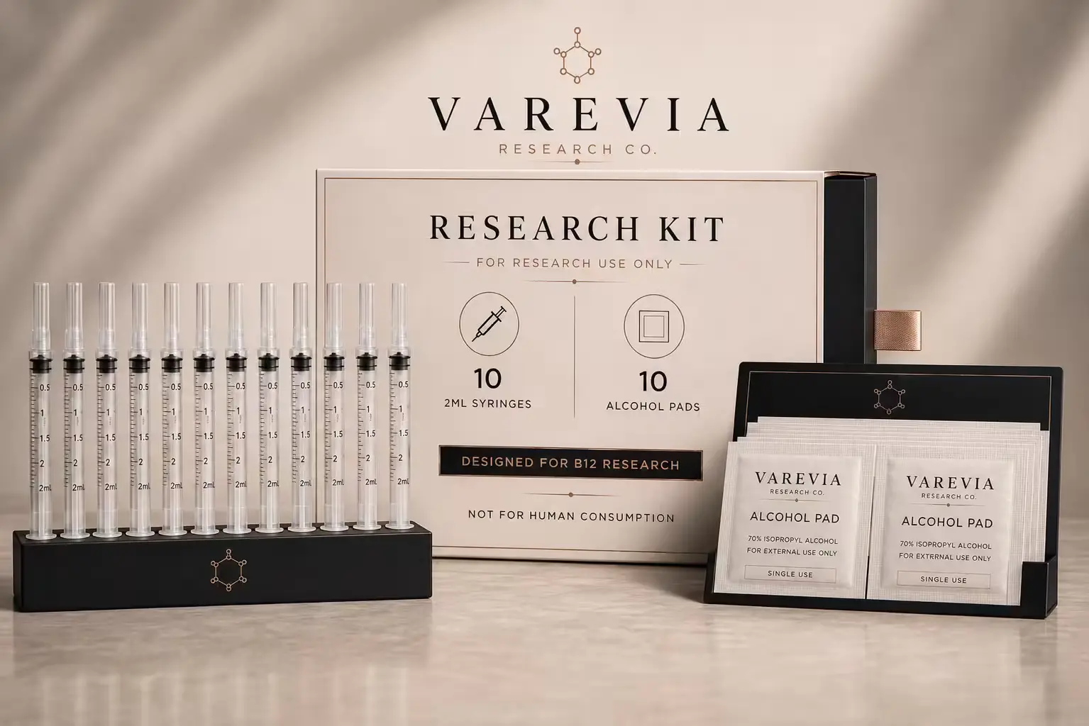 Technical Specification: A comprehensive 20-piece sterile laboratory supply kit designed for the precise measurement, transfer, and handling of liquid research compounds, such as Vitamin B12 solutions, in controlled experimental environments.
